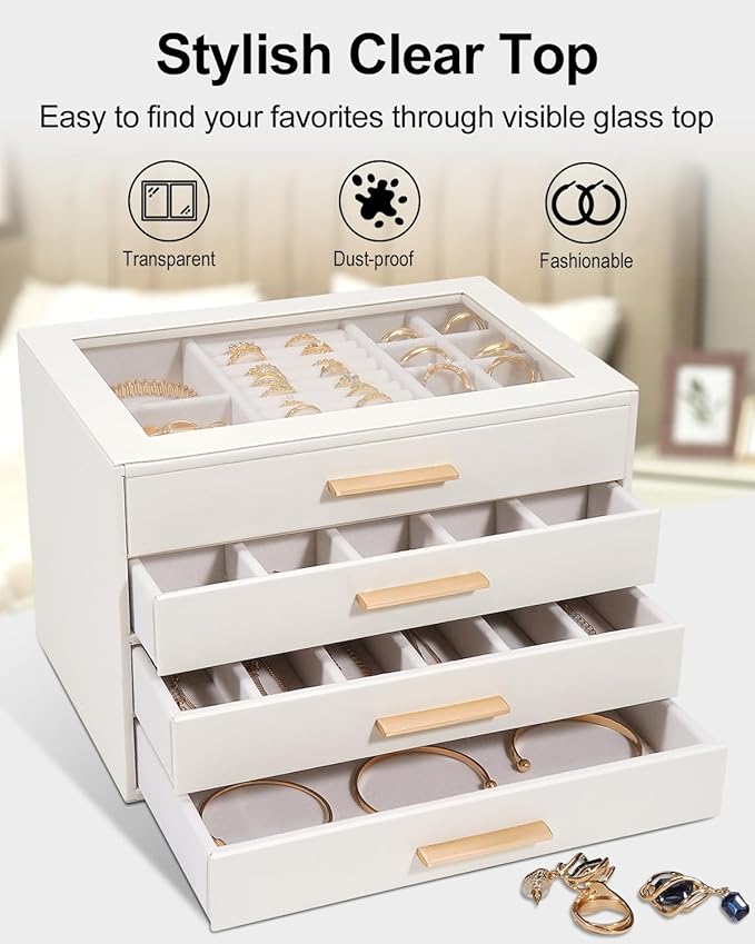 GUOER Jewelry Box for Women 4 Layers, Glass Lid Jewelry Organizer with 4 Drawers Cloud White PU Jewelry Storage Case for Necklaces Rings Earrings Bracelets