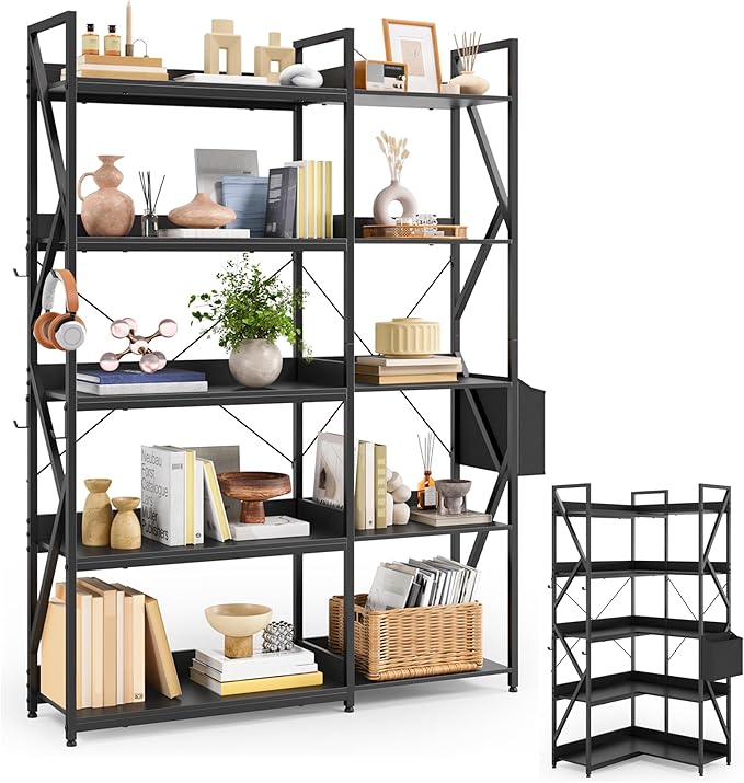 Gizoon 5 Tier Industrial Bookshelf, 65" H Reversible Corner Bookshelf, Bookcase, Freestanding Display Shelf, with 4 Hooks, a Storage Basket, Metal Frame, for Living Room, Kitchen, Office, Black