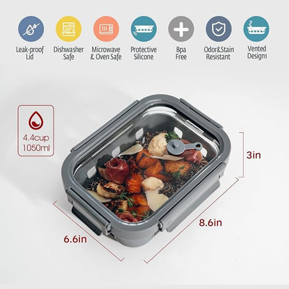 GENICOOK Glass Meal Prep Containers 5-Pack With Glass Lids & Steam Vent, 35 Oz / 4.4 Cups Leakproof Airtight Food Storage Containers, Borosilicate Glass, Microwave And Dishwasher Safe, Bpa-Free
