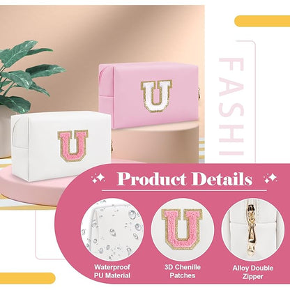Personalized Makeup Bag Initial A-Z Preppy Patch Bag,Small PU Leather Travel Cosmetic Bag Pouch with Zipper,White Cute Toiletry Bag,Gift Ideal for Teen Girls Women Birthday Friend Mom,Letter U