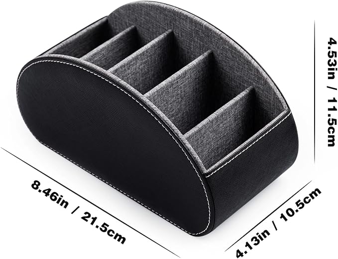 BONNY DODO Remote Control Holders Organizer Box with 5 Compartment PU Leather Multi-functional Office Desk Storage Caddy Store Tv Remote for Media Player,Brush,Pencil,Glassees&Office Supplies (Black)