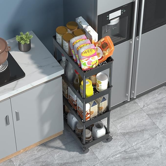 Sooyee 4 Tier Wide Storage Cart Mobile Shelving Unit Organizer Slide Out Storage Rolling Utility Cart Tower Rack for Kitchen Bathroom Laundry, Plastic & Stainless Steel, Black