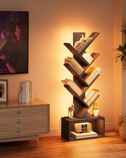 Evermagin 6 Tier Tree Bookshelf with Lights, LED Book Tree Bookcase with Storage Organizer, Small Corner Bookshelf Floor Standing Book Shelf for Living Room, Bedroom & Home Office, Black