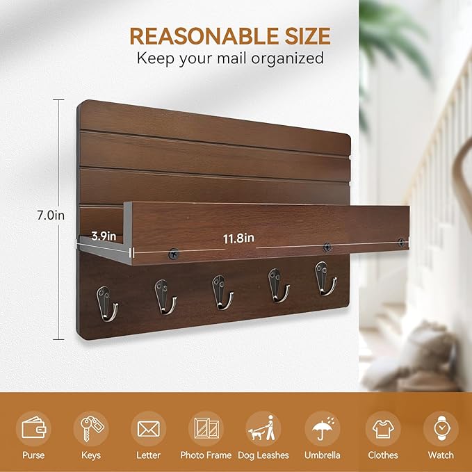 Key Holder for Wall, House Decor Mail Organizer Wall Mounted with Shelf & 5 Hooks for Hanging Dog Leash, Sunglasses, Hats, Rustic Key Rack Apartment Eseentials Wooden Key Hanger