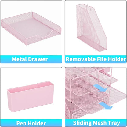 Desk Organizers and Accessories, 5-Tier Paper Letter Tray Organizer with File Holder, Drawer & Pen Holder, Office Desk Accessories, Desktop Organizer for Classroom Office Supplies, Pink