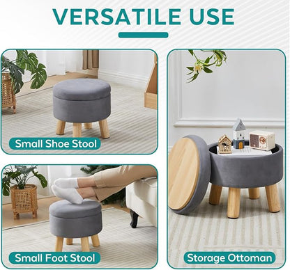 Small Foot Stool Ottoman with Storage, Velvet Ottoman Foot Rest for Couch, Round Footstool with Storage, Small Ottomans and Footstools for Living Room and Entryway (Gray)