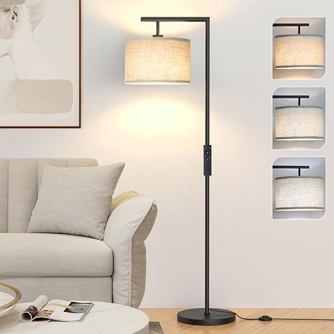 Floor Lamps with Remote Control and Stepless Dimmable Color Temperature and Brightness Standing Lamp with Adjustable Beige Linen Lampshade Pole Lamp for Bedroom Office, 9W Bulb Included, Black