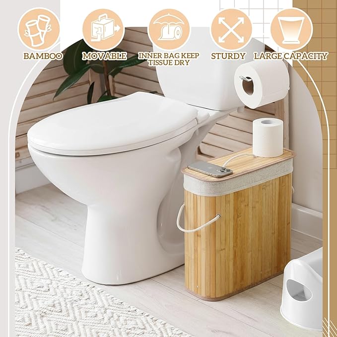 Leinuosen Bamboo Toilet Paper Storage Basket 8 Gallons Toilet Paper Organizer Holder with Lid Waterproof for Kitchen Bathroom Home(Beige,Regular)