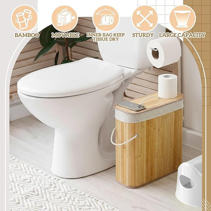Leinuosen Bamboo Toilet Paper Storage Basket 8 Gallons Toilet Paper Organizer Holder with Lid Waterproof for Kitchen Bathroom Home(Beige,Regular)