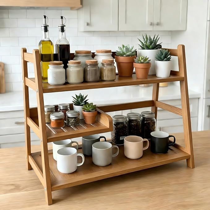 3 Tier Bamboo Matcha Station, coffee station organizer Shelf for Kitchen Countertop, Tea Bar - Matcha Powder, Tools & Cup Organizer for Matcha Lovers, Home Baristas.