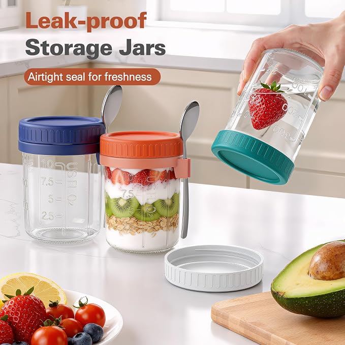 4 Pack Overnight Oats Containers with Lids and Spoons, 16 oz Airtight Oatmeal Container with Measurement Marks, Overnight Oats Jars for Cereal Fruit Vegetable Milk Salad Yogurt Meal Prep
