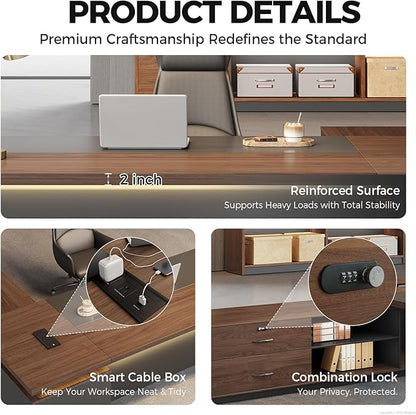 Nuipens 71 Inch Reversible Compact L Shaped Executive Desk for Manager, Home Office Desk with Power Outlet & USB Ports, LED Ambient Lighting, Storage Cabinet, Walnut