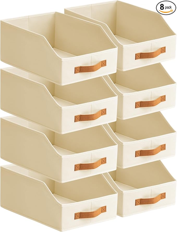 Homsorout Fabric Storage Bins for Organizing - 8 Pack Large Trapezoid Collapsible Storage Bins with Front Handle, Closet Organizers and Storage for Bedroom, Home Shelves, Small Spaces, Beige
