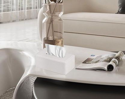 GOLRANLYE Tissue Box Cover Rectangular 9.8"(L) x 5.3"(W) x 4.3"(H) Refined Modern PU Leather Facial Tissue Dispenser Box Holder for Dresser Bathroom Decorative (Linen Beige)