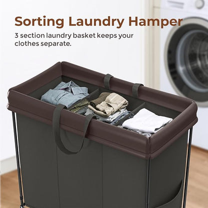 Mefirt 320L Laundry Hamper with Wheels, 3 Section Large Rolling Laundry Basket Bag with Wheels, Clothes Hamper Cart for Laundry, Bedroom, Bathroom and Dorm