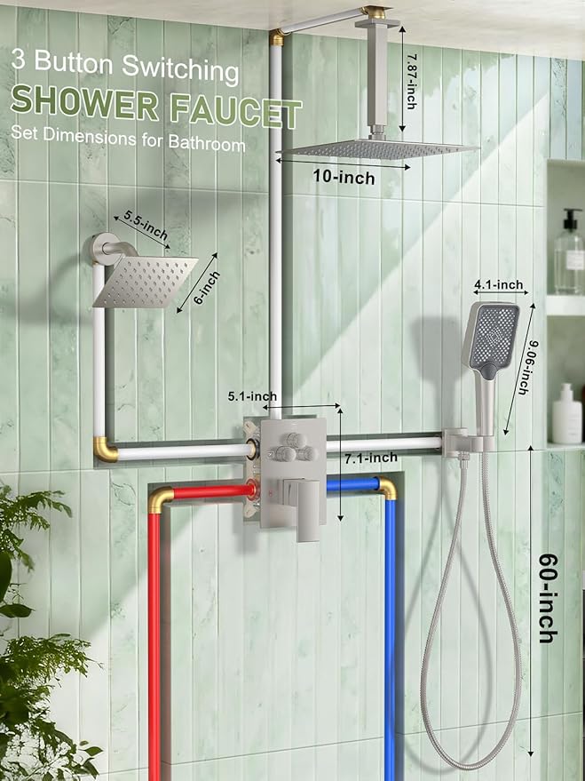 Shower Faucet Set, 10" Ceiling Mount Rainfall Shower System with 10'' Top Head+6'' Side Head and Multi-function Handheld Head Push Button Diverter Shower Faucet Trim Kit