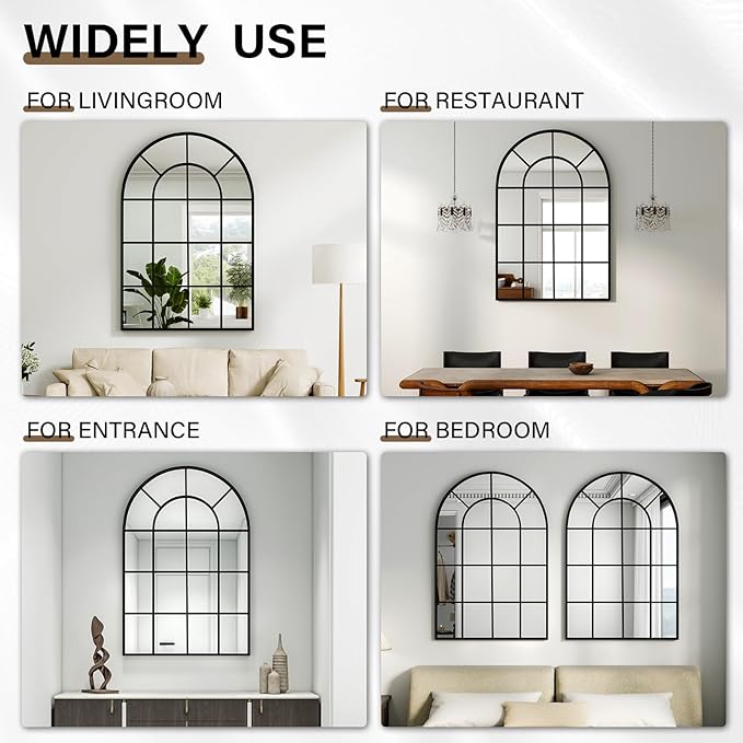 24"×36" Windowpane Arched Wall Mirror, Grid-Designed Decorative Farmehouse Wall Mounted Mirror with Metal Frame Hanging Leaning for Entryway, Living Room, Home Decor, Black
