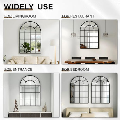 24"×36" Windowpane Arched Wall Mirror, Grid-Designed Decorative Farmehouse Wall Mounted Mirror with Metal Frame Hanging Leaning for Entryway, Living Room, Home Decor, Black