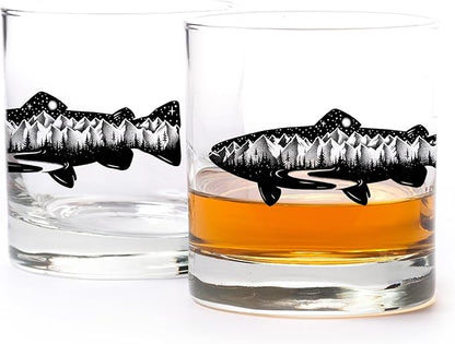 Black Lantern Mountain Trout Whiskey Glasses – Set of 2 11oz Old Fashioned Glasses with Gift Box