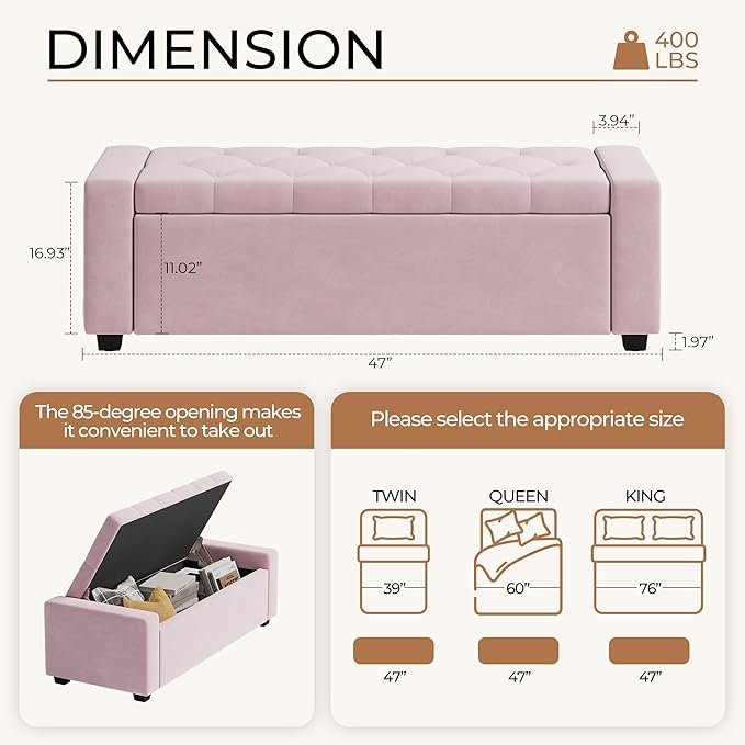 Storage Ottoman Bench,Large Entryway Ottoman with Storage, Rectangular Bench with Cushion and Safety Hinge for Living Room Bedroom
