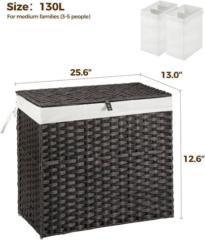 Greenstell Laundry Hamper with Wheels&Lid, 130L Large 3 Sections Clothes Hamper with 2 Types Removable Liner Bags, 5 Mesh Laundry Bags, Handwoven Divided Laundry Basket Black