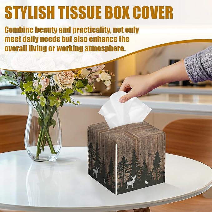 Deer Forest Wood Grain Tissue Box Cover 2PCS, Leather Tissue Box Holder Square Facial Paper Case Tissue Box Cube Organizer for Bathroom Bedroom Desk Office