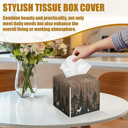 Deer Forest Wood Grain Tissue Box Cover 2PCS, Leather Tissue Box Holder Square Facial Paper Case Tissue Box Cube Organizer for Bathroom Bedroom Desk Office