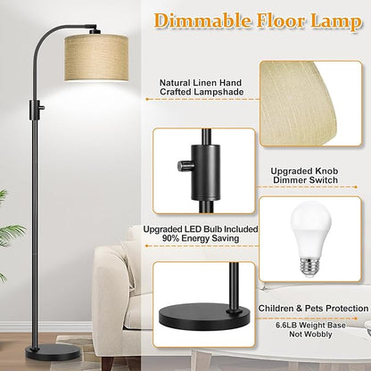 Nintiue Upgraded Modern Arc Dimmable Tall Standing Floor Lamp with Champagne Shade, 1200 Lumens LED Bulb Included, for Living & Reading Room, Bedroom, Office & Nursery, Black
