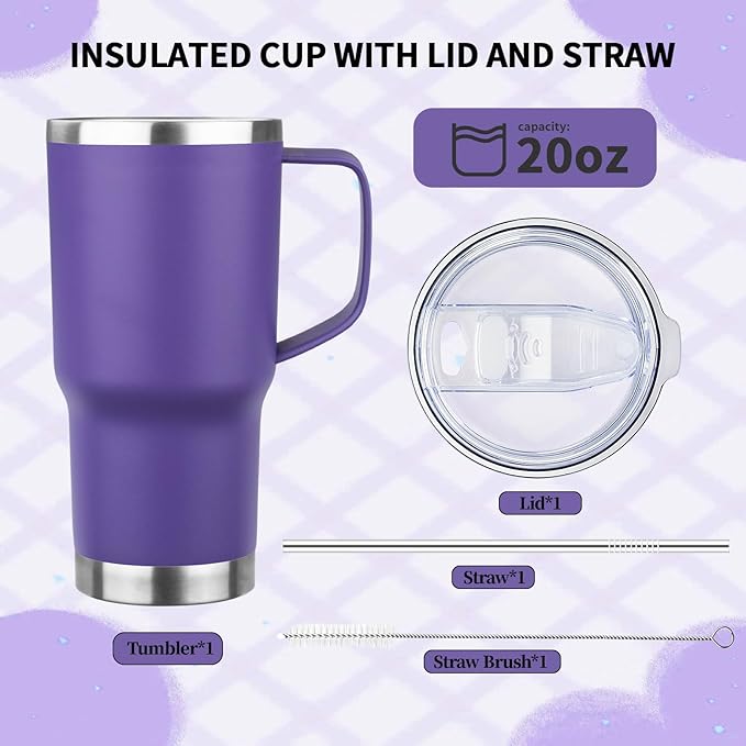 20oz Insulated Tumbler with Handle Stainless Steel Travel Coffee Mug with Lid and Straw Double Wall Vacuum Leak-proof Reusable Thermal Water Cup for Hot and Cold Drinks (Multicolor-9,6 Pack)