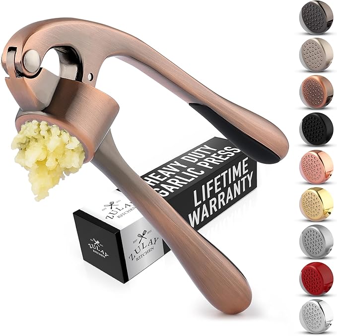 Zulay Kitchen Premium Garlic Press Set - Rust Proof Professional Garlic Mincer Tool - Easy-Squeeze, Easy-Clean with Soft, Ergonomic Handle - Silicone Garlic Peeler & Brush (Copper)