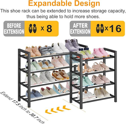 4-Tier Expandable Shoe Rack – Adjustable Metal Shoe Organizer for Closet, Entryway & Mudroom – Stackable, Heavy-Duty Storage, Black