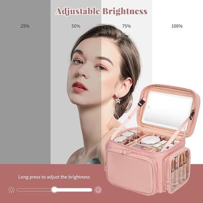 Large Makeup Bag with LED Mirror, Travel Makeup Bag Organizer for Women Girls with Makeup Brush Compartment & Two Side Pockets, 3 Color Lights Cosmetic Toiletry Bag- Leather Pink