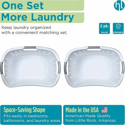 Home Logic 1.75 Bushel Plastic Laundry Basket with Hip Grip, Large Laundry Hamper with Handles, Ventilated Clothes Organizer for Bedroom Bathroom Closet, 2 Pack, White