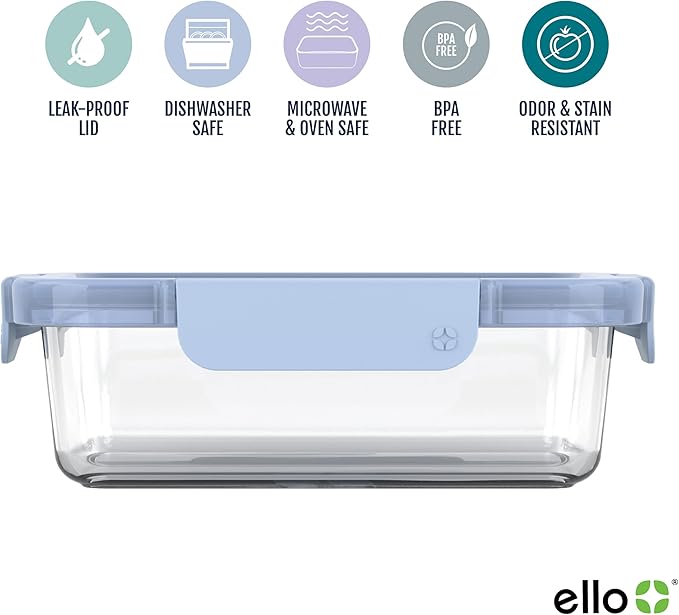 Ello Color Lock Glass Meal Prep Sets Leak-Proof Glass Food Storage Containers with Airtight BPA-Free Plastic Lids, Dishwasher, Microwave, and Freezer Safe