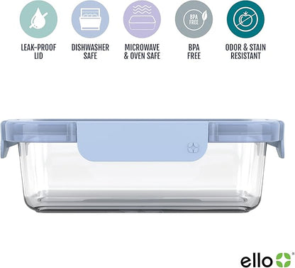 Ello Color Lock Glass Meal Prep Sets Leak-Proof Glass Food Storage Containers with Airtight BPA-Free Plastic Lids, Dishwasher, Microwave, and Freezer Safe