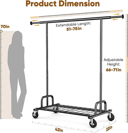 HOKEEPER Clothes Rack Collapsible Clothing Garment Rack Capacity 525LBS Clothing Racks on Wheels Heavy Duty Rolling Clothes Rack for Hanging Clothes for bedroom, Commercial, Black 22"D x 75"W x 71"H