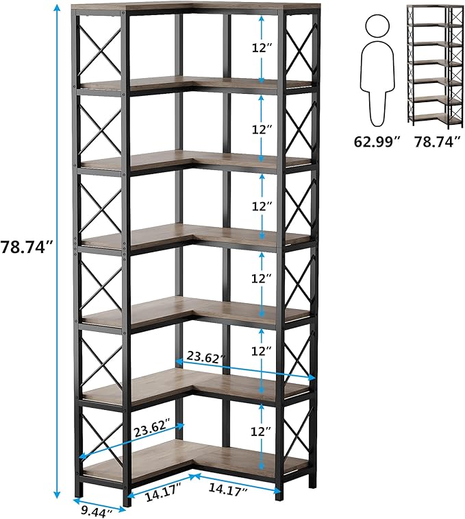 Tribesigns 7-Shelf Corner Bookshelf,Large Modern Corner Bookcase, 7-Tier Tall Corner Shelf Storage Display Rack with Metal Frame for Living Room Home Office (Grey)