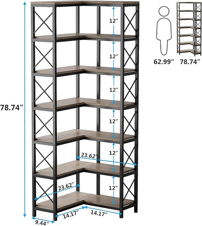 Tribesigns 7-Shelf Corner Bookshelf,Large Modern Corner Bookcase, 7-Tier Tall Corner Shelf Storage Display Rack with Metal Frame for Living Room Home Office (Grey)