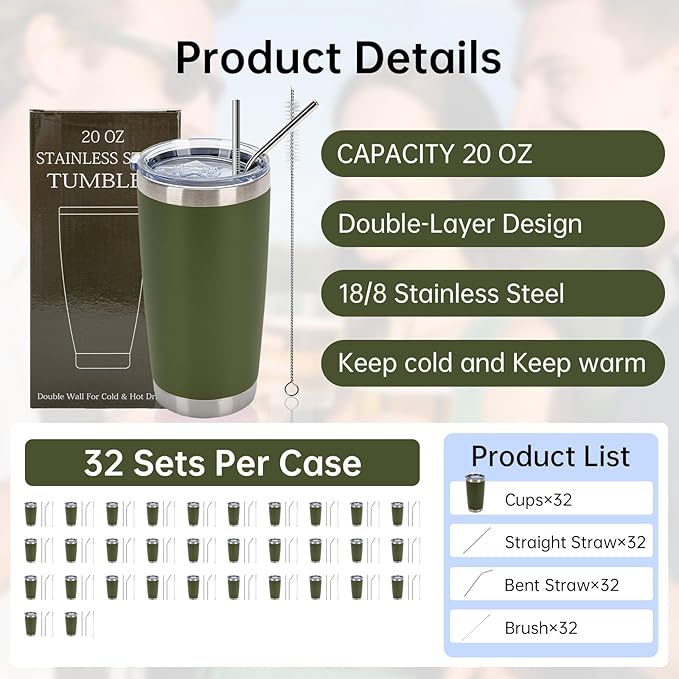 IEOVIEE 32 Pack, 20oz Stainless Steel Bulk Tumblers with Lids and Straws, Double Wall Insulated Travel Coffee Mug, Durable Powder Coated Tumbler Bulk Cup for Cold and Hot Drinks(Army Green)