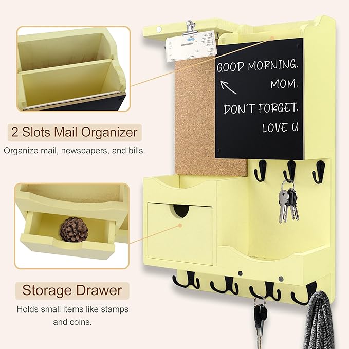 Key Holder Wall Mount， Mail Organizer Key Holder for Wall with Shelf, Drawer, Chalkboard, Corkboard, Home Decor Wall Mounted for Room Entryway (Ivory Yellow)