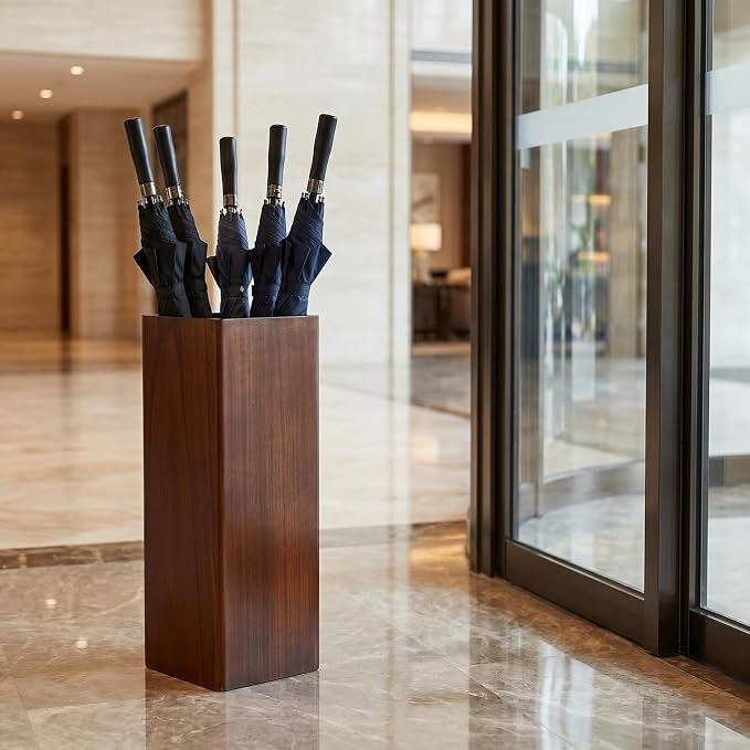 OUNONA Solid Wood Umbrella Stand Elegant Entryway Organizer for Indoor and Outdoor Use Heavy Duty Umbrella Holder for Lobbies Dark Walnut