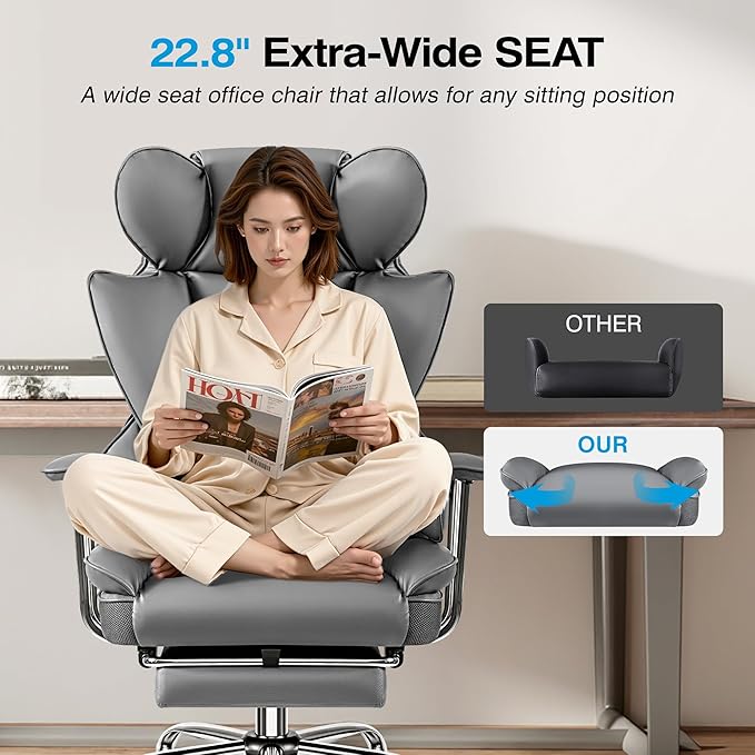 Office Chair Comfy, Big and Tall Executive Leather Chair, High Back Ergonomic Wide Chair with Footrest, Reclining Computer Desk Chair, Heavy Duty Gaming Chair with Padded Arm and Pillow, Grey