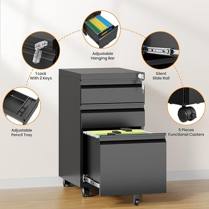 3 Drawer Mobile File Cabinet with Lock, Rolling Filing Cabinets for Home Office, Under Desk Small File Cabinet Three Drawers for Legal/Letter/A4 File, Black - Assembly Required