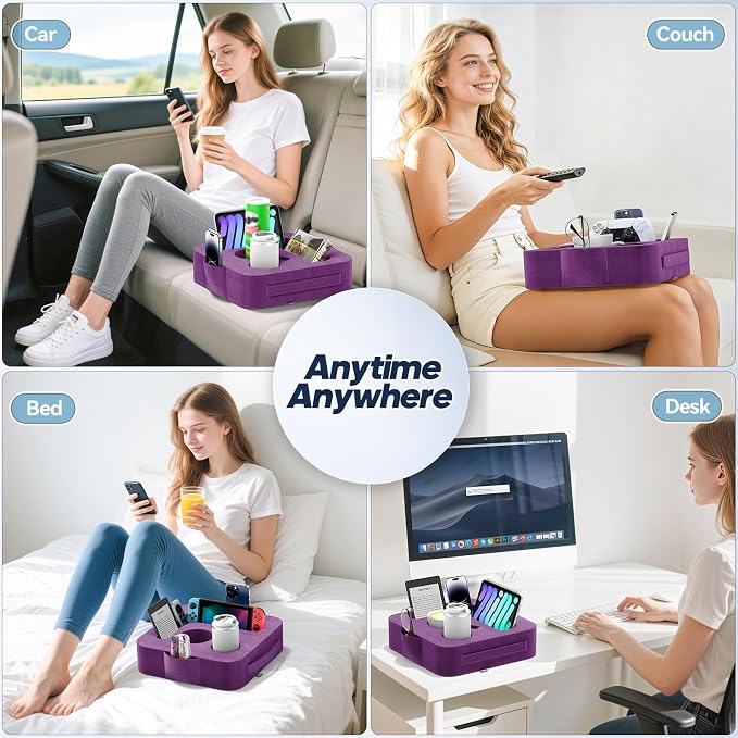 Couch Cup Holder Pillow, Sofa and Bed Caddy for iPad, Kindle, Switch, Game Controller, Remotes, Phones, Small-Sized Cup & Drink Holder for Couch, Bed, Desk, Car, Beach, Bathroom Cup Holder Purple