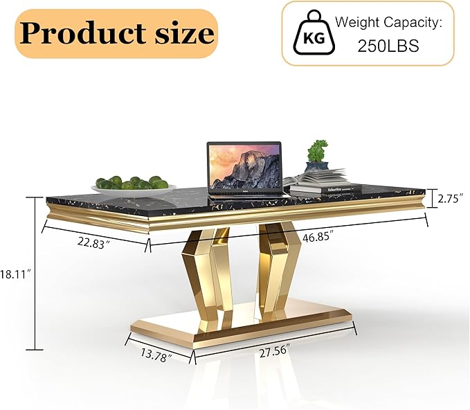 Modern Marble Coffee Table, 47" Living Room Table with Diamond-Shape Stainless Steel Base and Thickened Faux Marble Top for Living Room, Bedroom, Lounge (Gold,Black)