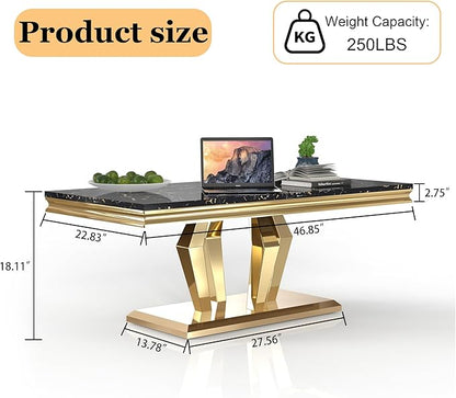 Modern Marble Coffee Table, 47" Living Room Table with Diamond-Shape Stainless Steel Base and Thickened Faux Marble Top for Living Room, Bedroom, Lounge (Gold,Black)