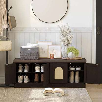 DINZI LVJ Shoe Bench, Boho Entryway Bench with Rattan-Like Doors, Cushion, Adjustable Shelves, 2-Tier Shoe Rack with seat, 47.2”L x 13.8”W Shoe Organizer Cabinet for Hallway, Bedroom, Espresso Rattan