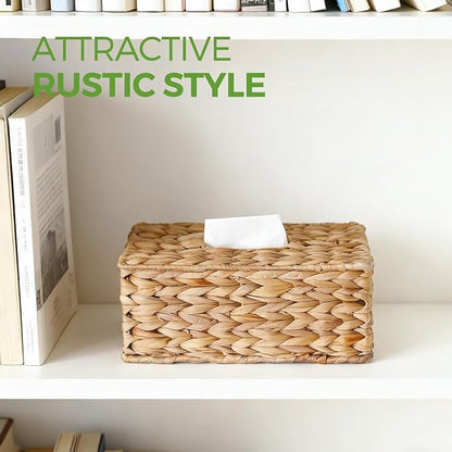 Rectangle Wicker Tissue Box Cover Fits 120-Count (3-Ply) / 160-Count (2-Ply) Boxes, Natural Rattan Woven Facial Tissue Holder, Decorative Tissue Box Holder for Bathroom, Living Room, Office & Desk