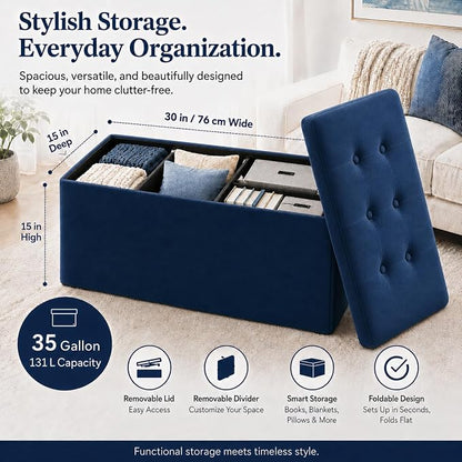 ALASDO 30 Inch Folding Storage Ottoman Bench with Hidden Storage, Velvet Storage Ottoman Foot Rest Stool, End of Bed Bench for Bedroom, Living Room, Entryway and Closet, Navy Blue