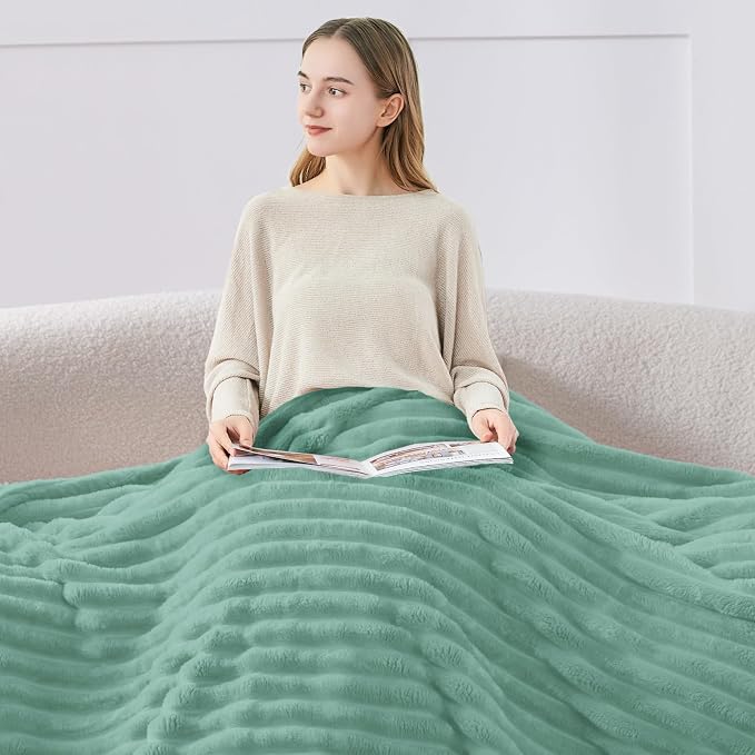 BEDELITE Twin Blanket for Couch & Bed, 300GSM Soft & Warm Fleece Blanket, Decorative and Giftable Striped Mint Blue Blankets for Women, Men, 60"x80"